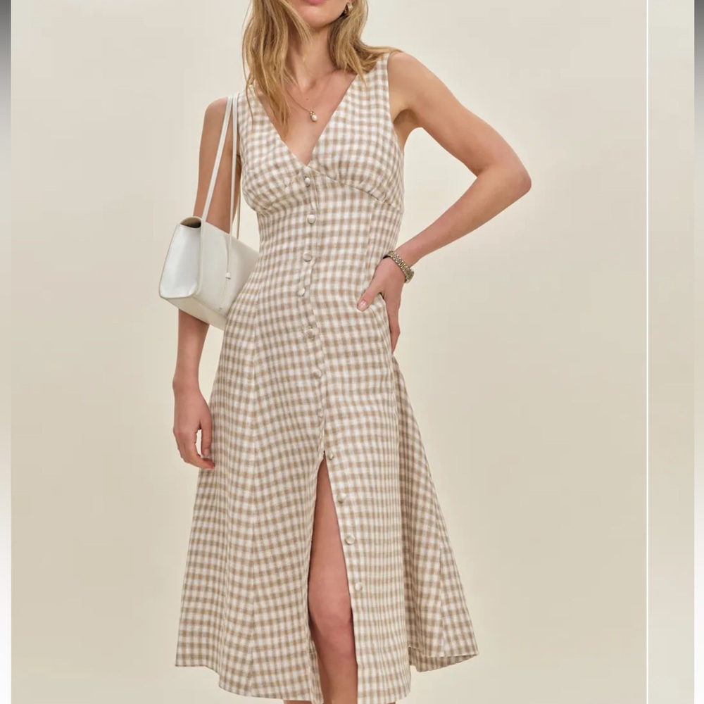 Reformation Sebastian linen Gingham Midi Dress in Cream and Tan Sz 8 - Picture 2 of 11